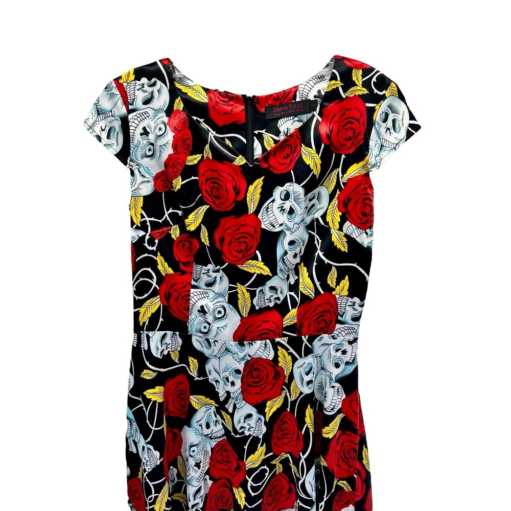 Dress Tells Roses Skulls Black Cap Sleeve Belted Retro Dress Women's Size Small - Picture 3 of 7